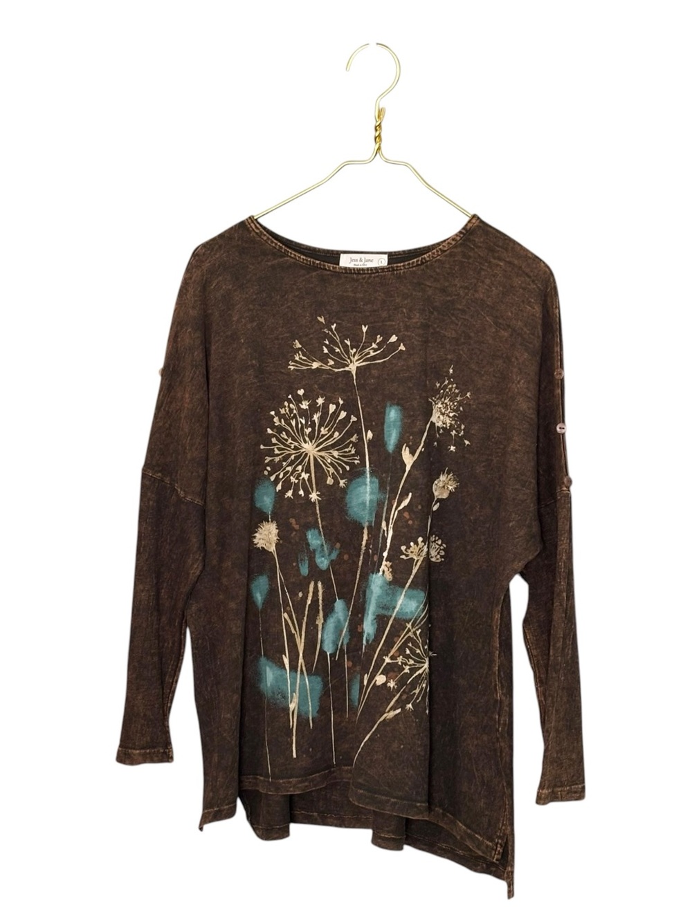 Jess & Jane dark brown Mineral Washed tunic top 3-button accent dolman sleeve| L - Picture 6 of 13